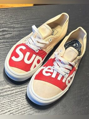 Vans Tan Canvas Sneakers with Red Supreme Toe Graphic